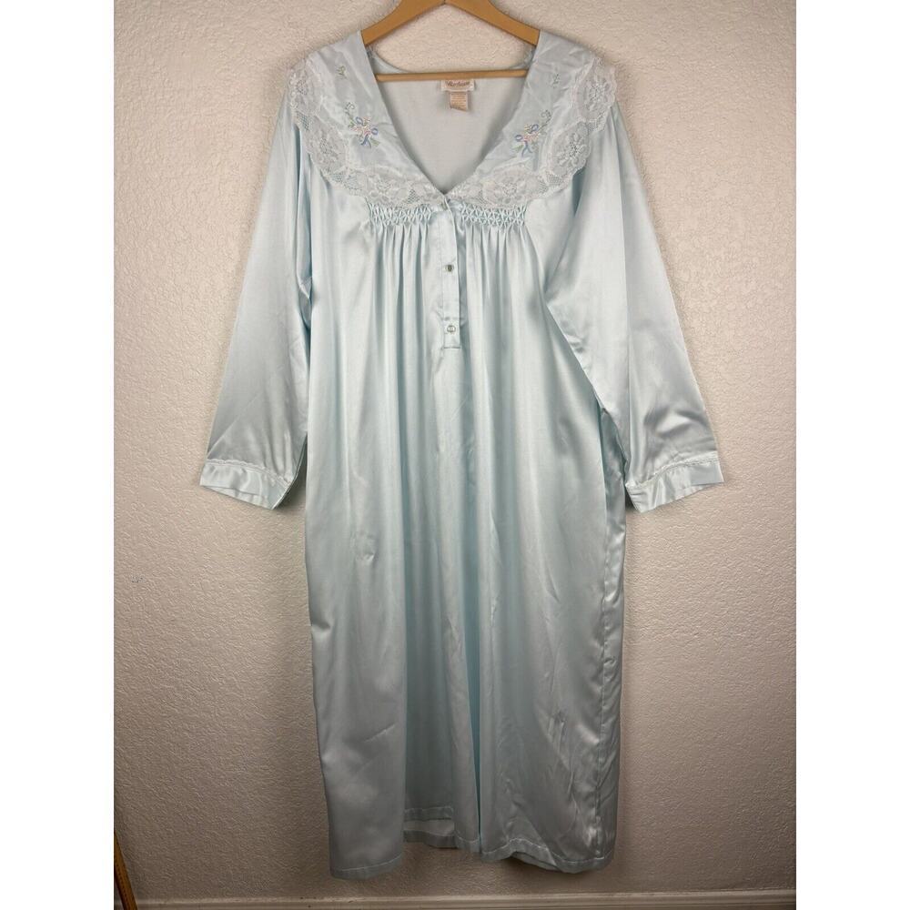 Vtg BARBIZON Nightgown Sleepwear Lace Blue 1X Cuddleskin Lined Silky Modest
